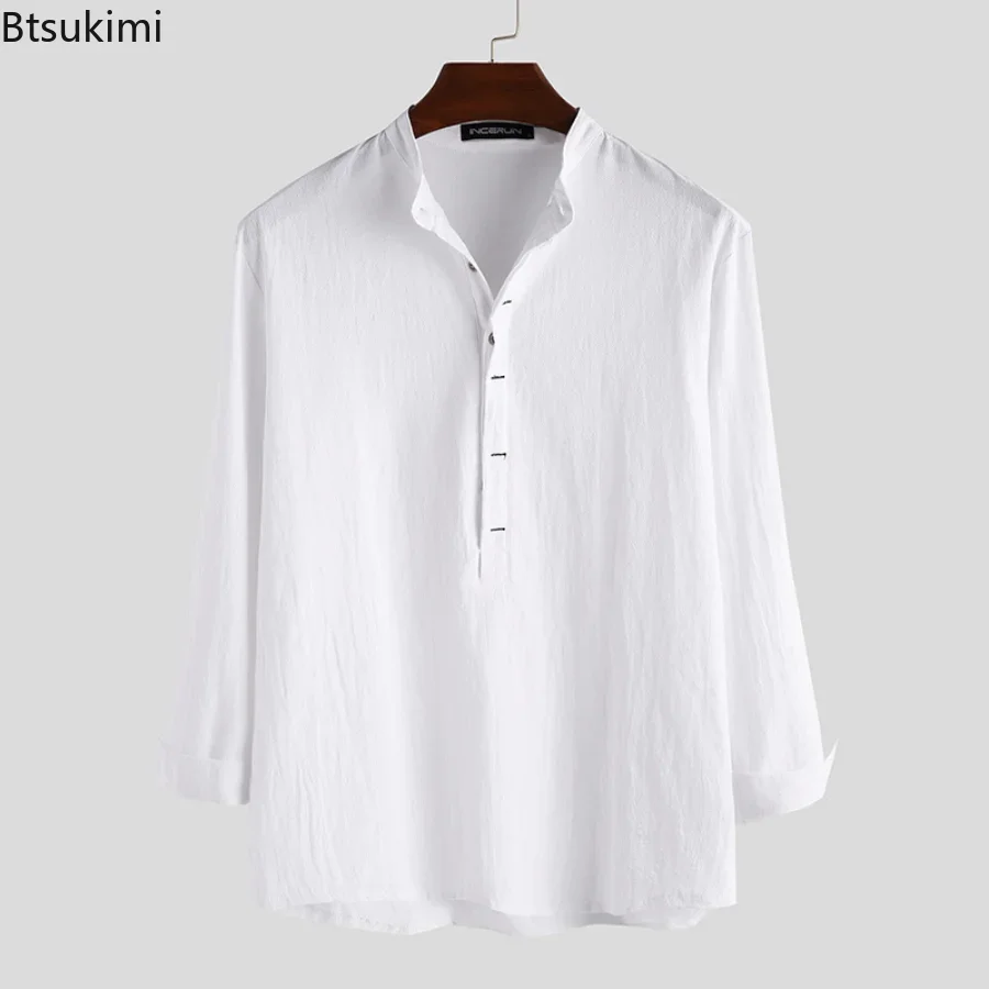 2024Men\'s Casual Cotton Linen Shirts Solid White Long Sleeve Loose Shirt Slim Pullover Fashion Handsome Boy Shirts Tops Clothing