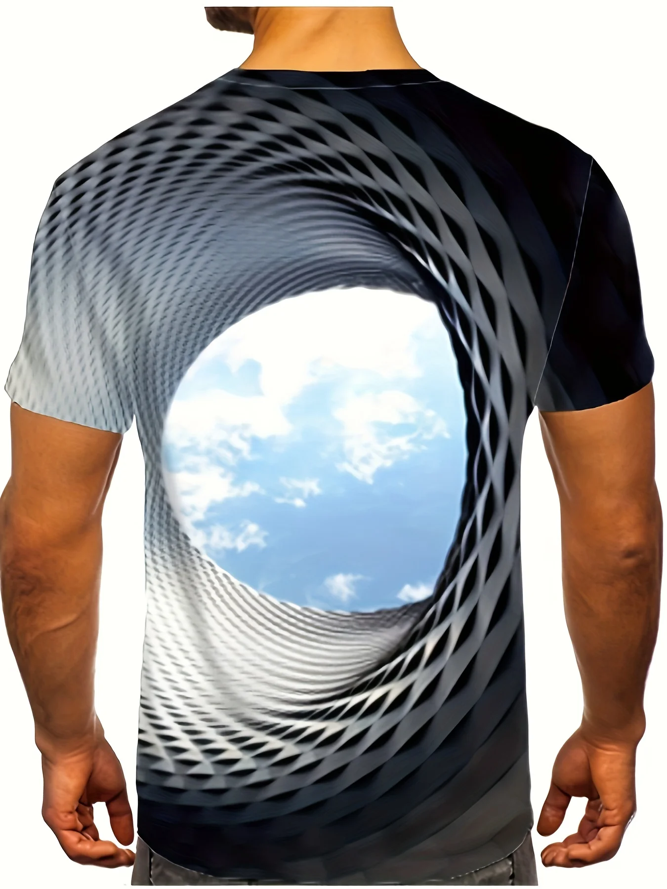 Optical Illusion Cloud And Sky 3D Graphic Print Men's Novelty Short Sleeve Crew Neck T-shirt, Summer Outdoor