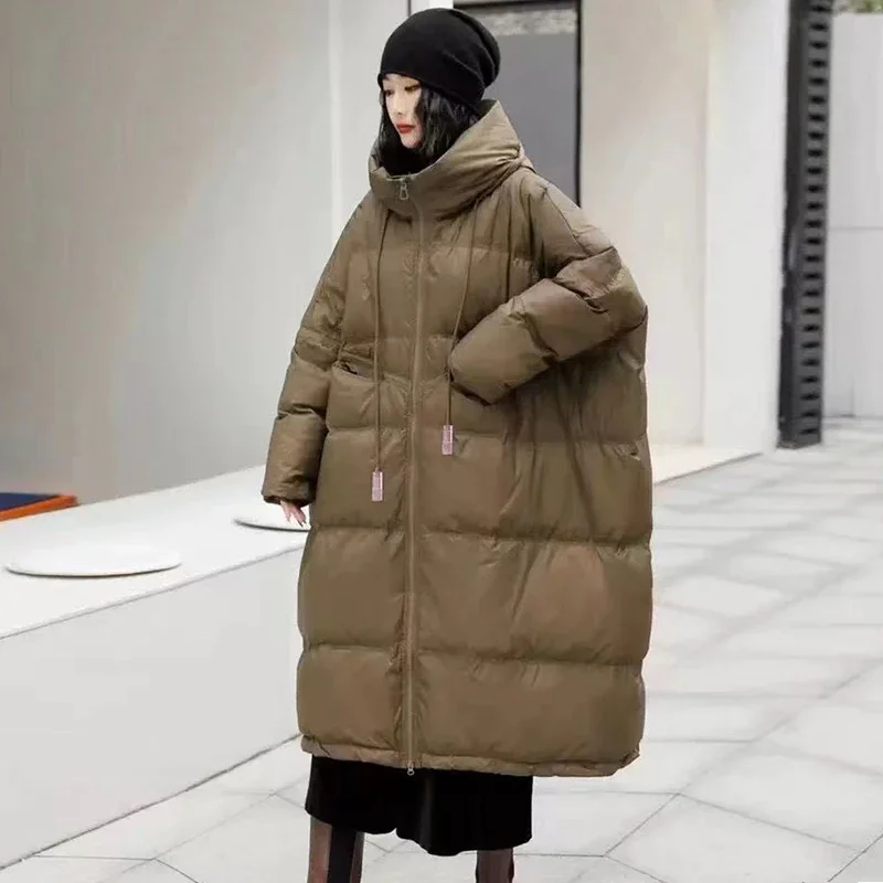 Lagabogy 2024 New Winter Women Oversize Long Puffer Coat Female Thick Warm White Duck Down Jacket Hooded Loose Parkas Outwear