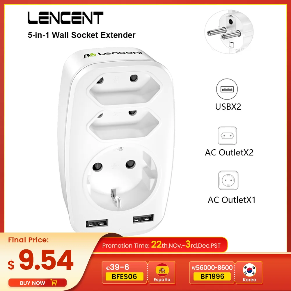 LENCENT EU Plug Multi Wall Socket with 3 USB Ports 2 Schuko Plugs 1 EU Plug 5V 2.4A  Adapter Overload Protection for Home/Office