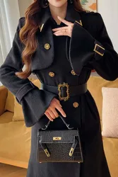 Dabuwawa Double Sided Woolen Long Coat Women Epaulet Double Breasted Jacket Elegant Outwear Y2K DA1DCO018