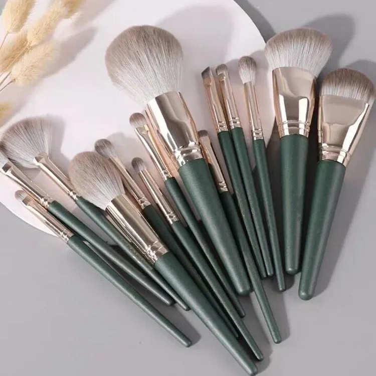 2PCS Handle Foundation Makeup Brush Set 14pcs Green Synthetic Nylon Hair Makeup Brush With PU Bag