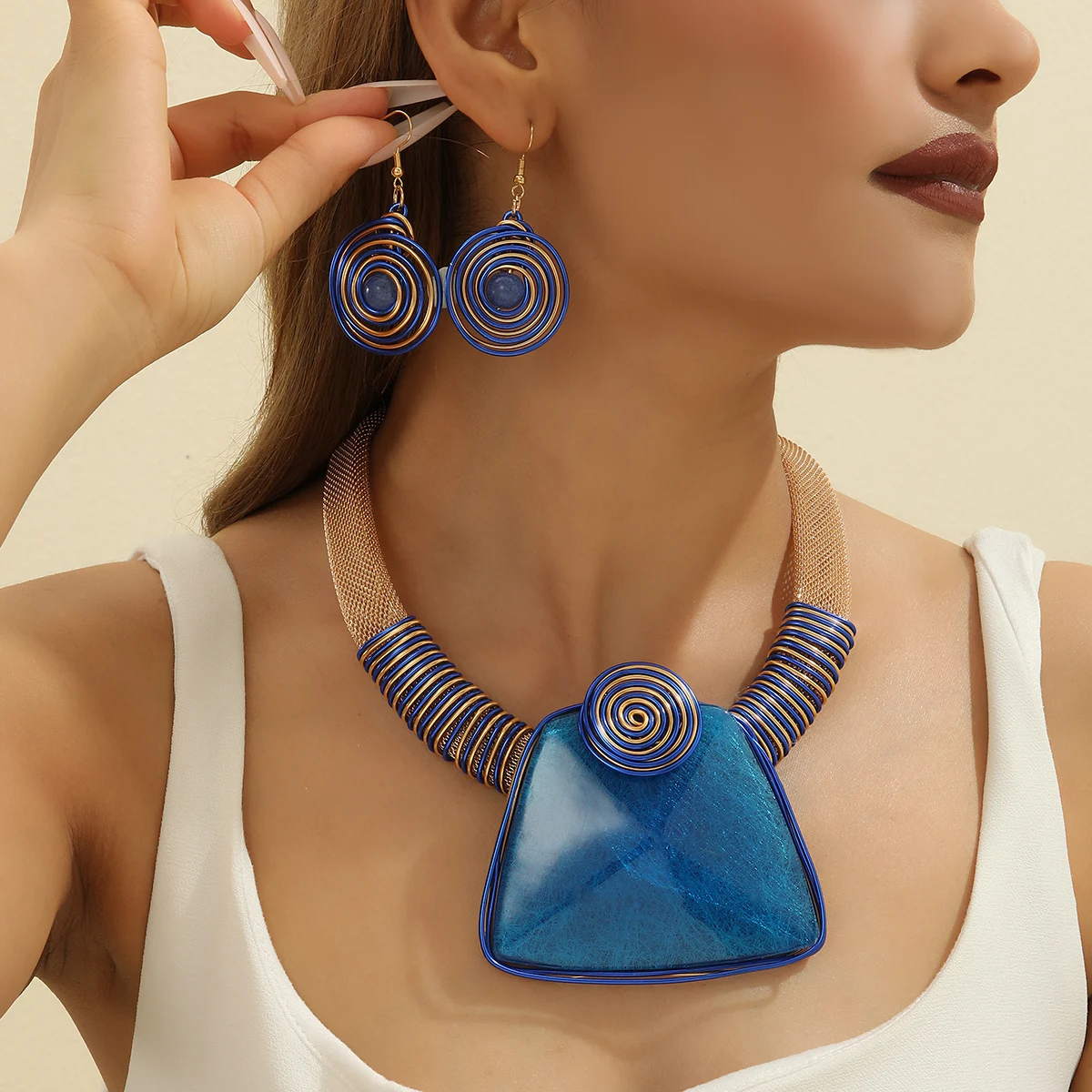 Women's Trendy Geometric Square Resin Gems Jewelry Set