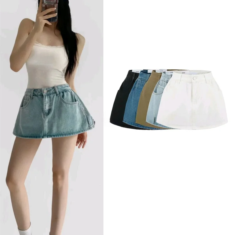 

New Summer Women's Retro High Waist Anti-Light A-Line ort Denim Skirt Commute Sle Slim Fit Pure Color Polyester Fiber