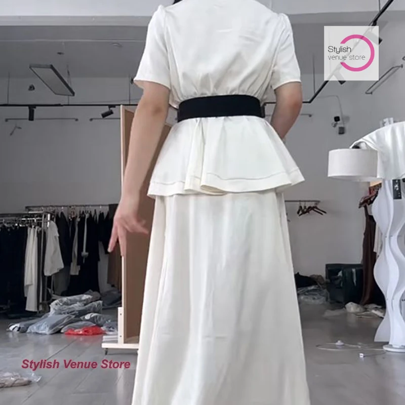 بدلة على الموضة الفرنسية صيف جديد الساتان الخصر الخامس الرقبة قصيرة الأكمام قميص عالية الخصر على شكل حرف A النمط الغربي بدلة من قطعتين