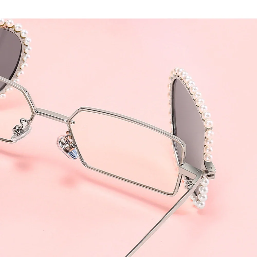 New Fashion Trend Style Glasses Women Square Sunglasses Personalized Handmade Diamond Metal Silver Frame Inner Green Outer Pink