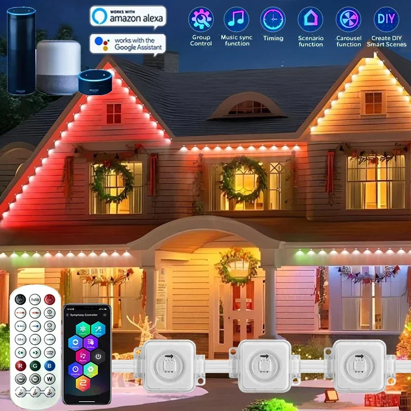 Lumières extérieures en continu avec application et télécommande, avant-toit intelligent RVB, lampe LED étanche IP67, commande vocale, division itude, fête de vacances