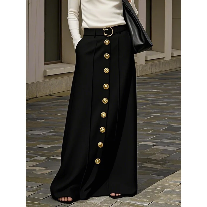 

Black Gold Button Long Skirts for Woman 2025 Straight High Waist Pockets Formale Officewear Simple Skirt Woman Clothes 182144