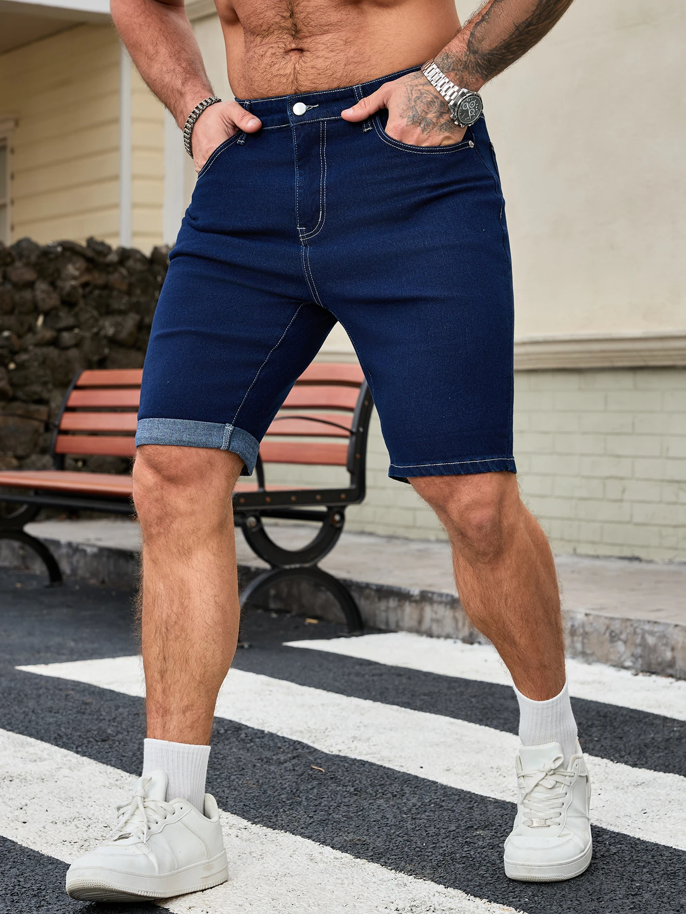 

Men's Dark Blue Denim Shorts, Straight Fit Rolled Hem Jean Shorts