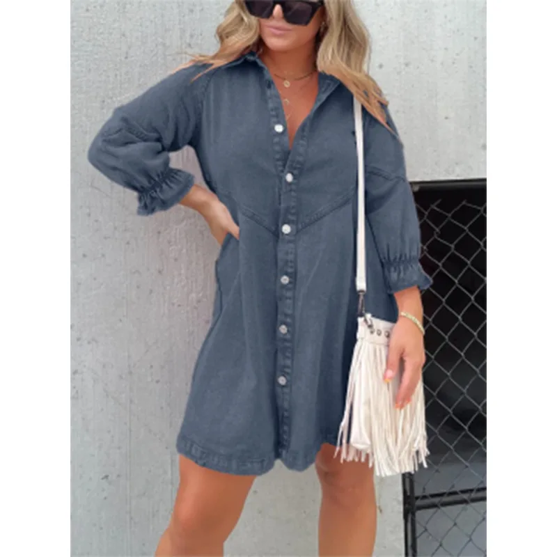 Midi-Shirt Kleid Denim neue Jeans Kleider Frauen locker lässig umdrehen Kragen Laterne Ärmel