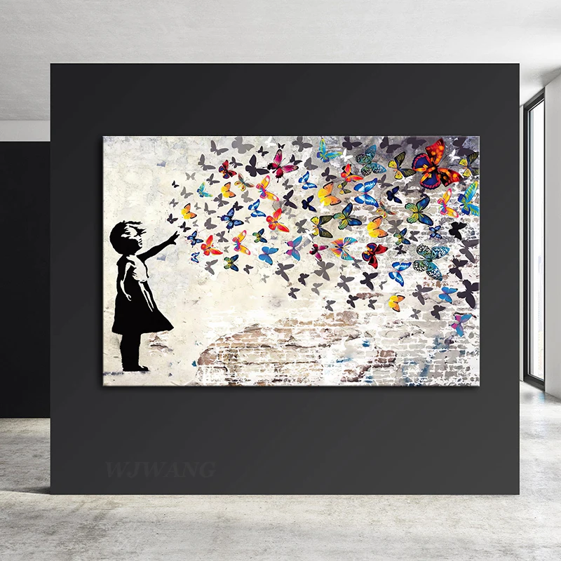 Banksy Art Girl with Butterfly Graffiti Canvas Painting Street Art Poster and Prints Wall Pictures for Living Room Home Decor