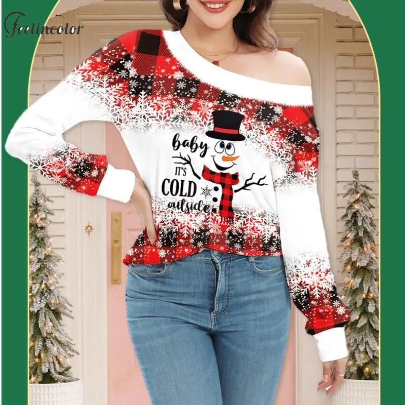 Snowman Christmas Graphic T-Shirts for Women Red Lattice Off Shoulder Shirts Autumn Casual Long Sleeve Xmas Tops Female Blouse