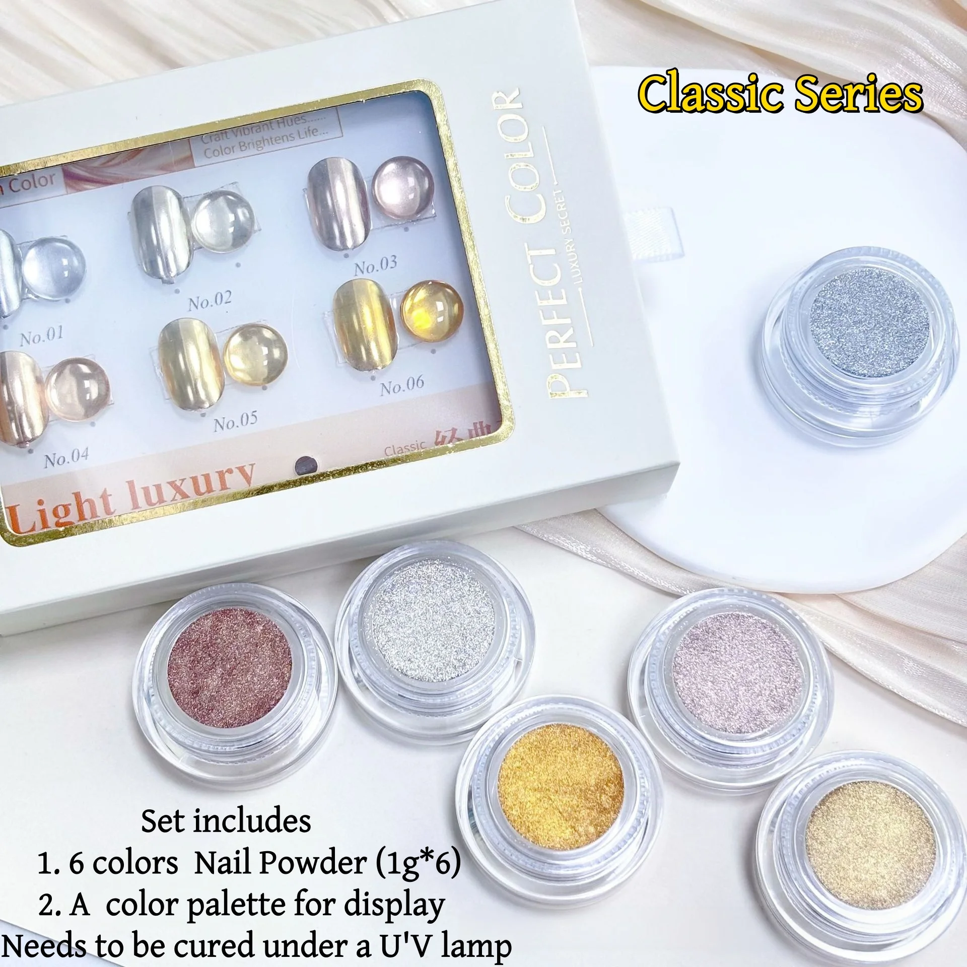 6-Color Nail Powder Set with Color Board, Classic High-Quality Manicure Kit, Gold Color Vintage Style, Professional Use