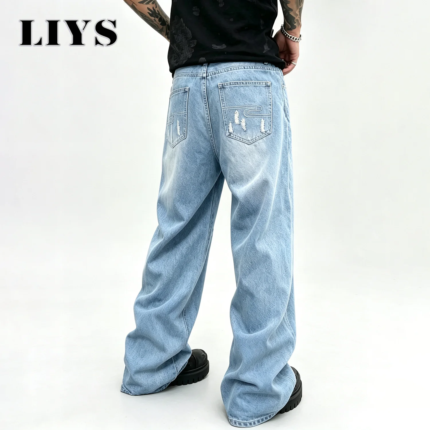 LIYS American Retro Light Blue Baggy Wide Leg Ripped Jeans Men Women Unisex Street Spring Summer Straight Ripped Denim Pants