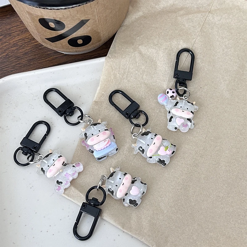 Transparent Fine Flashing Little Cow Keychain Cartoon Cute Pendant For Women Girls Backpack Decoration Accessories Gifts