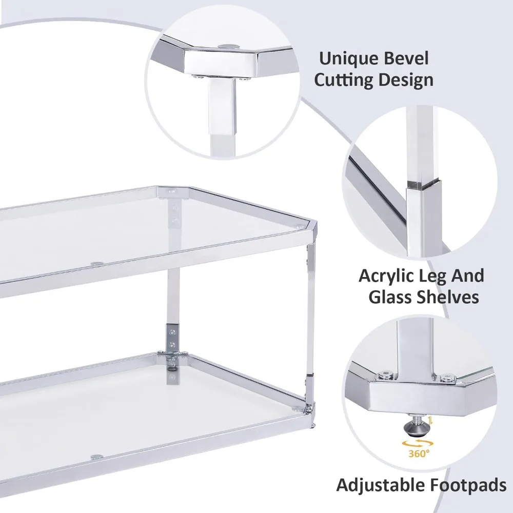 Glass Coffee Table, Clear Coffee Table with 2 Tiers, Acrylic Leg, Chrome Frame, Rectangular Center Table for Living Room