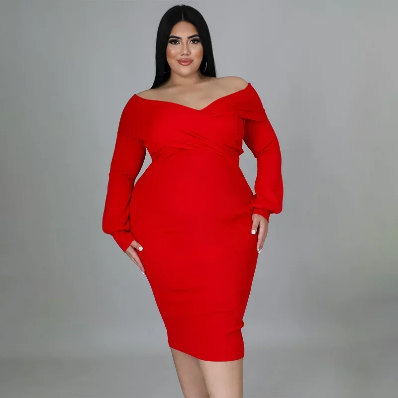 KEXU Strapless V-Neck Plus Size Clothes for Women Evening Party Sexy Off Shoulder Solid Long Sleeve Spring Bodycon Dresses