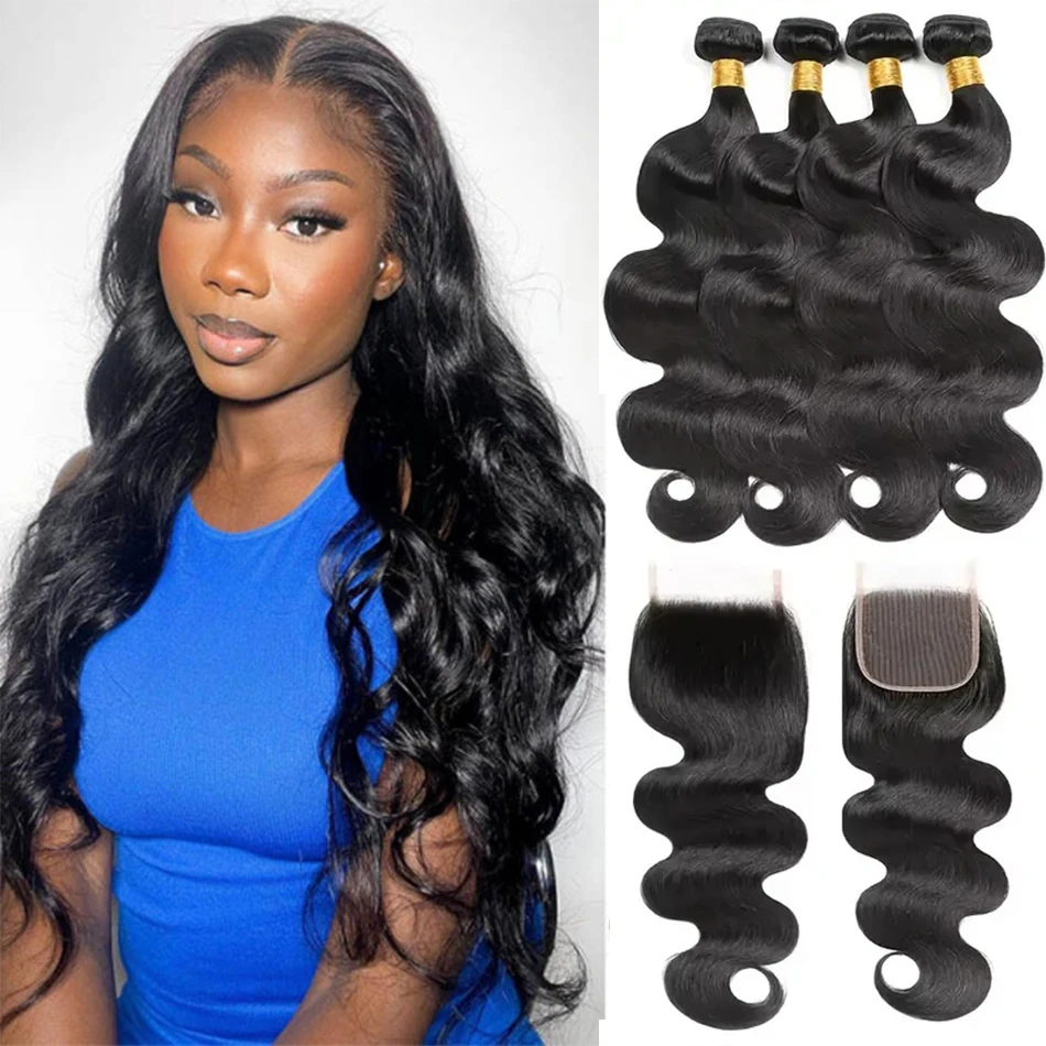 Body Wave Bundles with 13x4 Lace Frontal Human Hair Closure With 3 Bundles Weave Brazilian Remy Hair Natural Black Extensions