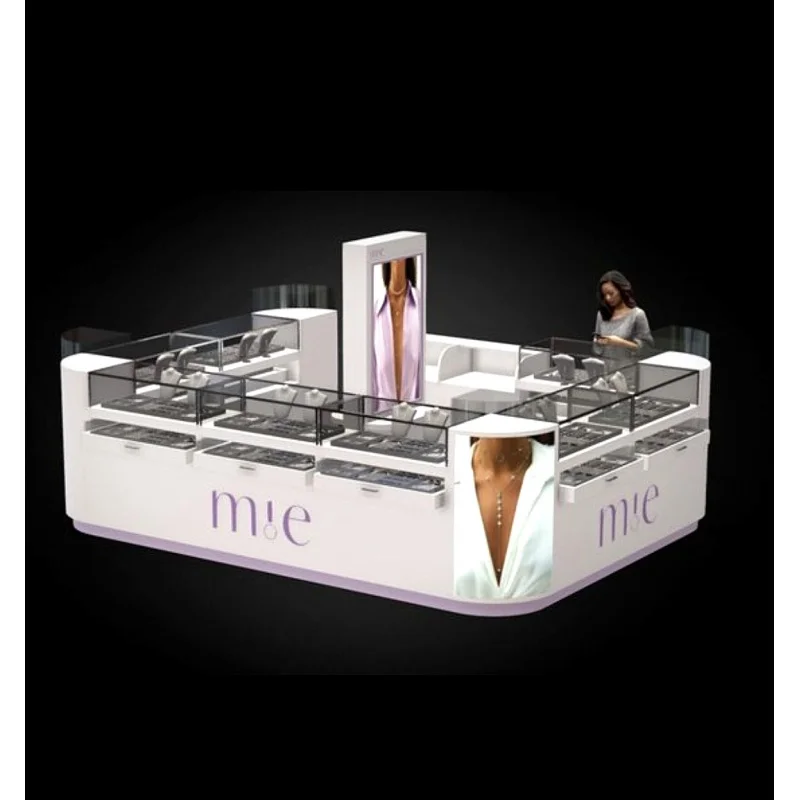 custom，Retail Store Display Showcase Shopping Mall White Jewelry Showcase Lockable LED Jewelry Kiosk Booth