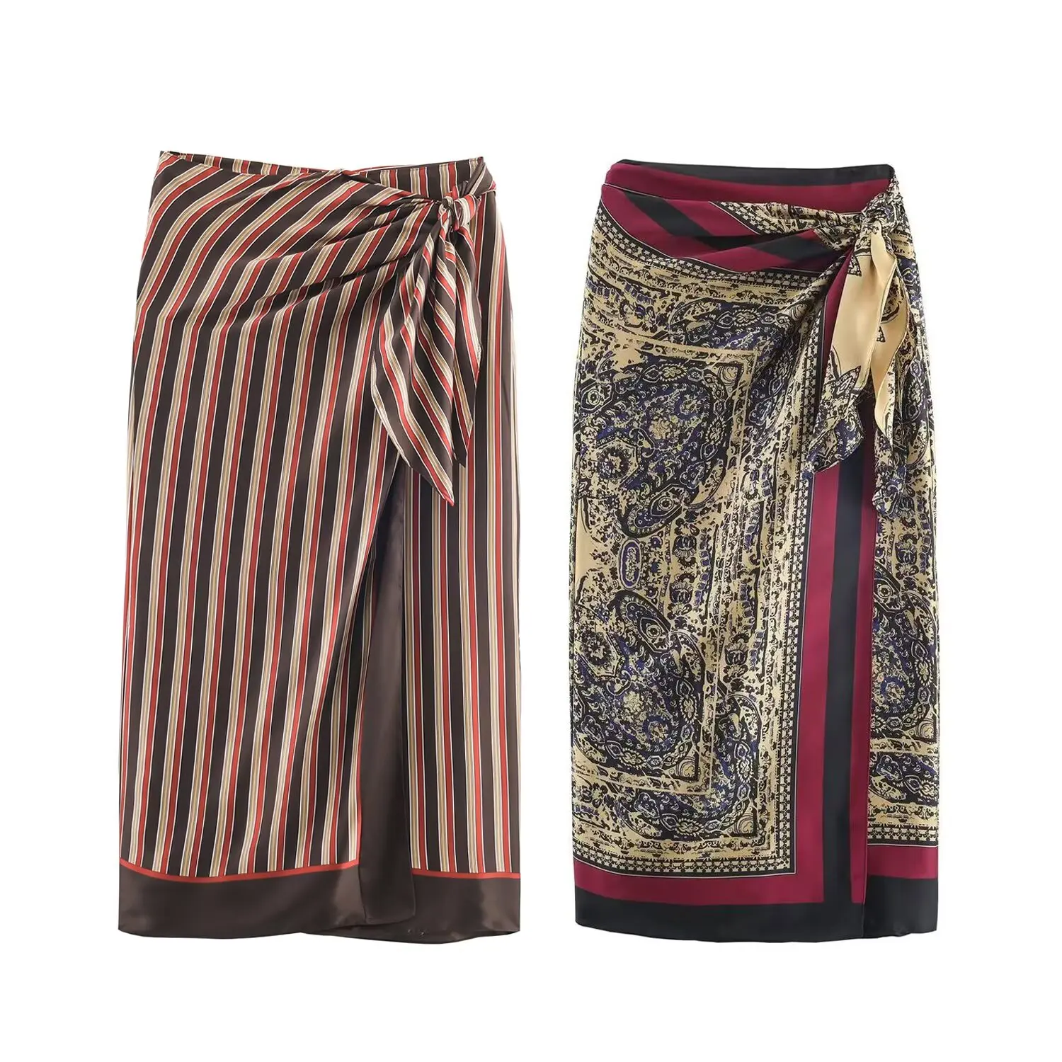 Damska spódnica midi w stylu retro z paisley, z nadrukiem, wiązana wokół talii szalikiem, z wysokim stanem, wyszczuplająca, modna.