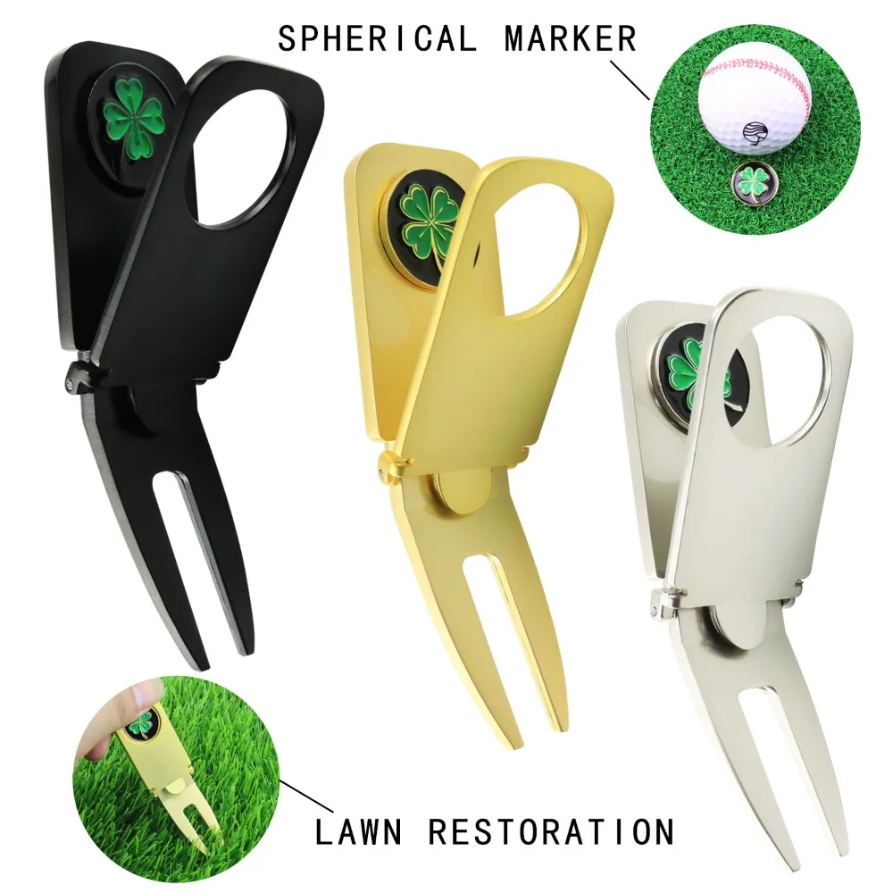 Divot Tool Putting Green Fork Ball Marker 6 in 1 Golf Green Fork Zinc Alloy Clover Golf Pitchfork Golf Training Aids