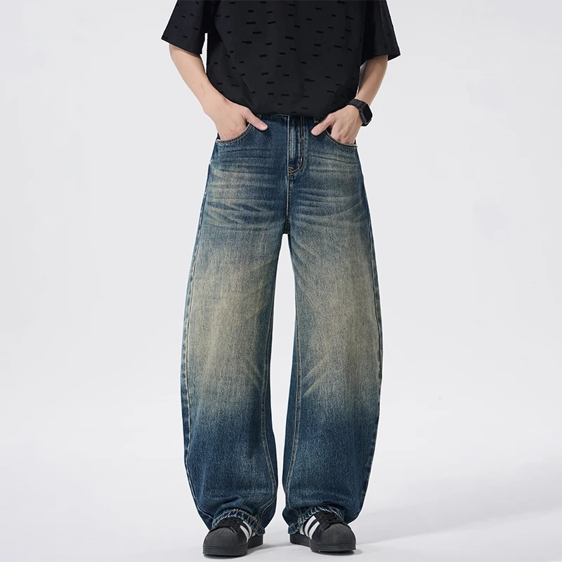 

2026 Vintage American High Street Curved Blade Jeans Men Baggy Washed Denim Trousers Loose Wide Leg Streetwear Pants