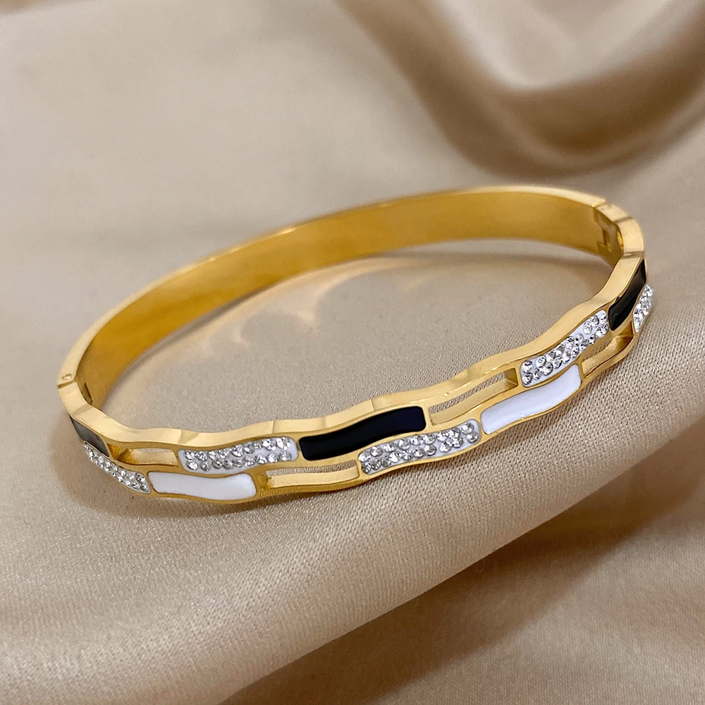 Greatera Stainless Steel White Black Enamel Rhinestone Charm Bracelet Bangles for Women Gold Plated Irregular Bracelets Jewelry