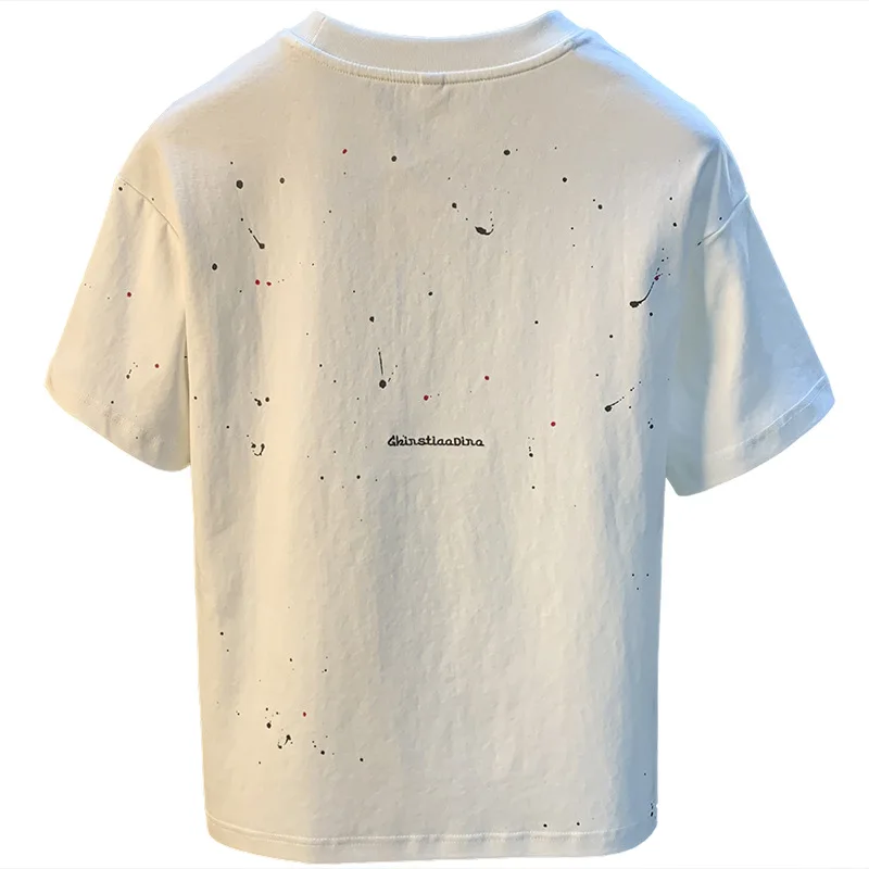 2025 Summer Trendy Inkjet Printed T-shirt Short Sleeve Men's Thin Round Neck Large Size Breathable Embroidered White Top