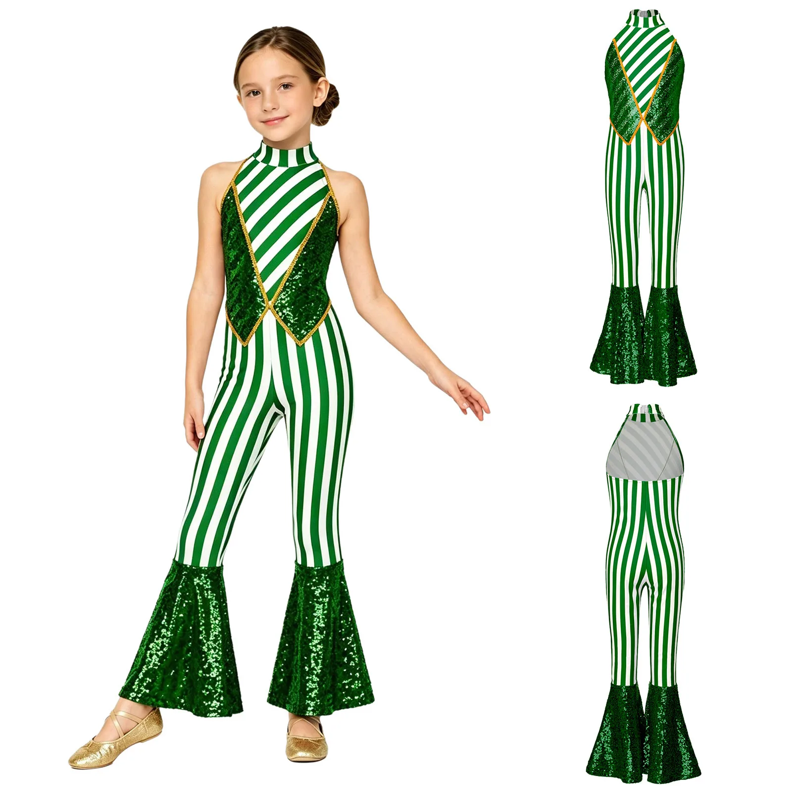 Kinder Mädchen Weihnachten Ballett Tanz Gymnastik Eiskunstlauf Trikot Weihnachten Zuckers tange Bodysuit ärmellose Streifen Pailletten Overall – Detail 6