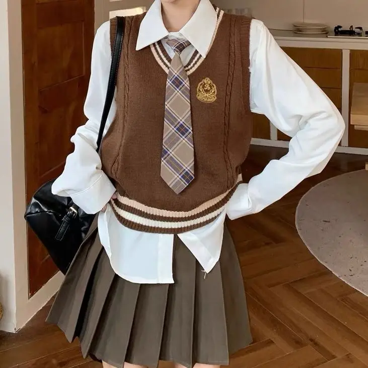 Traje de uniforme universitario Jk de Japón y Corea para mujer, Chaleco de punto, camisa, Falda plisada, conjunto de 3 piezas, conjunto de uniforme escolar de estilo universitario americano