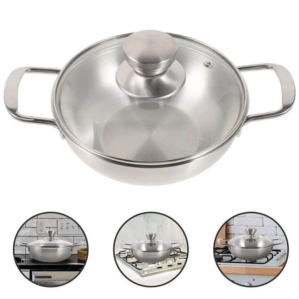 

1Set Kitchen Food Wok Stainless Steel Double Handles Smooth Surface Easy Clean High Temp Tolerance Cooking Pan