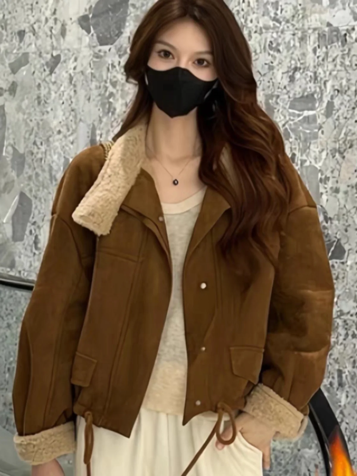 

Lamb Wool Jacket Woman For Women Slim Closed Shut Sealed Locked Fastened Secured Protected Guarded Defended Sheltered Shielded