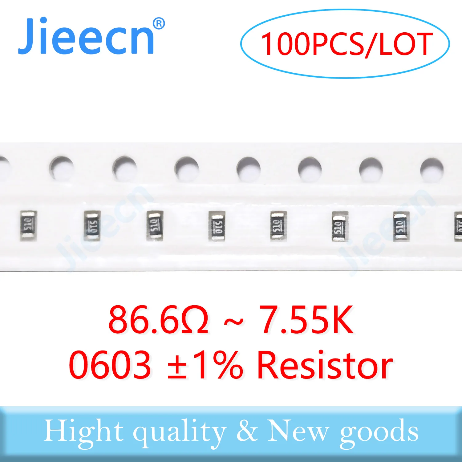 

Jieecn 100 шт. 0603 F 1% резистор SMD 86.6R-7.55K 1/10 Вт 499R 510R 97.6R 100R 110R 910R 1K 1.1K 4.99K 49.9K 976R 9.76K Ом 1608