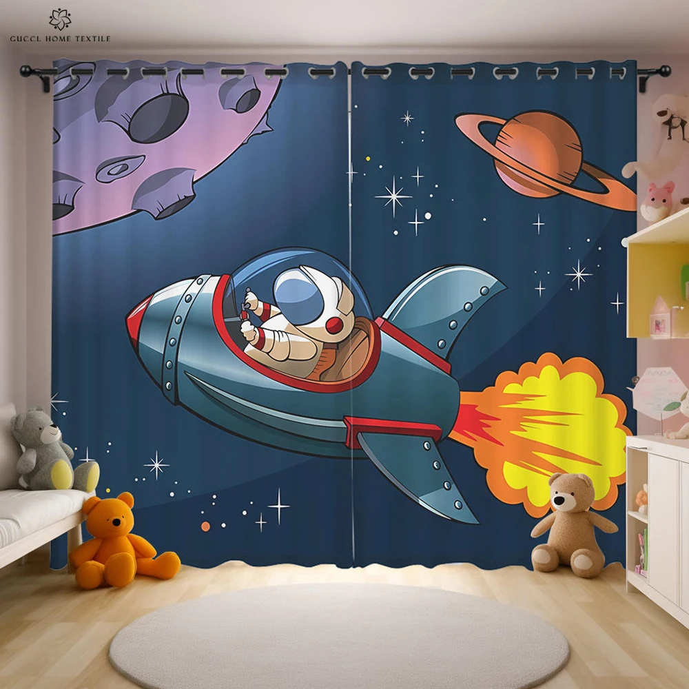 Cosmic Astronaut Print Curtain, Cartoon Curtain, Rod Pocket, Boy, Girl Room, Living Room, Study, Kitchen, Decorative, 2Pcs