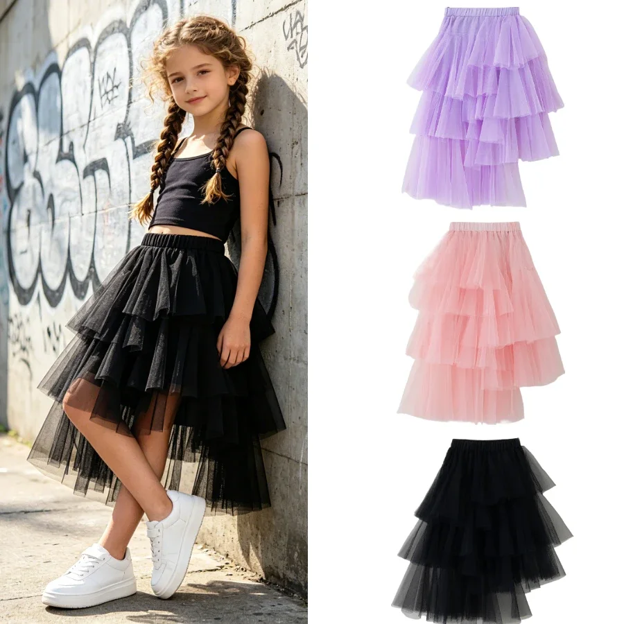 Girls Layered Tulle Princess Tutu Skirt Cute Ruffle Mesh Party Dress with Elastic Waist Birthday Holiday Outfit for Toddler Kids