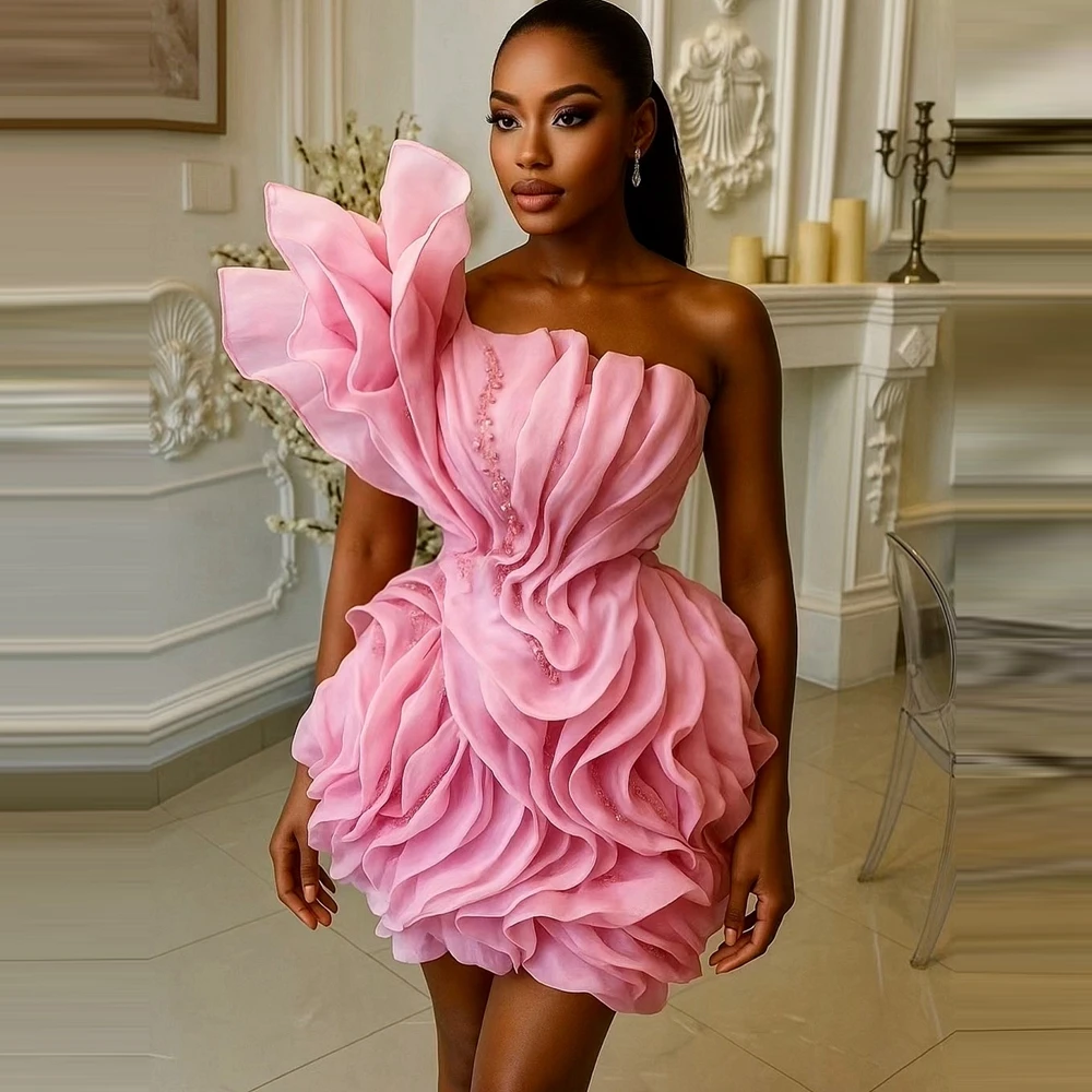 

Asymmetric Mesh Ruffle Mini Cocktail Dress One Shoulder Chiffon Beaded Summer Party Dress Puffy Tiered Floral Short Prom Gowns