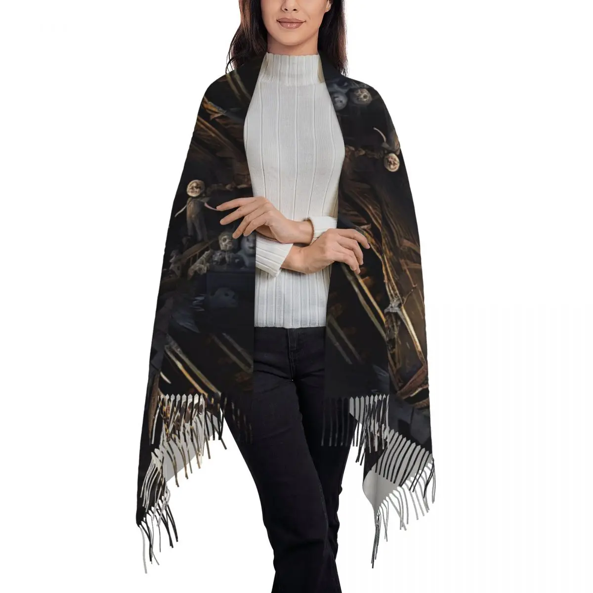 Haunted Attic With Possessed Creepy Dolls Scarf Tassel Scarves Women Soft Warm Shawls and Wraps Large Fall Winter Shawl Wrap