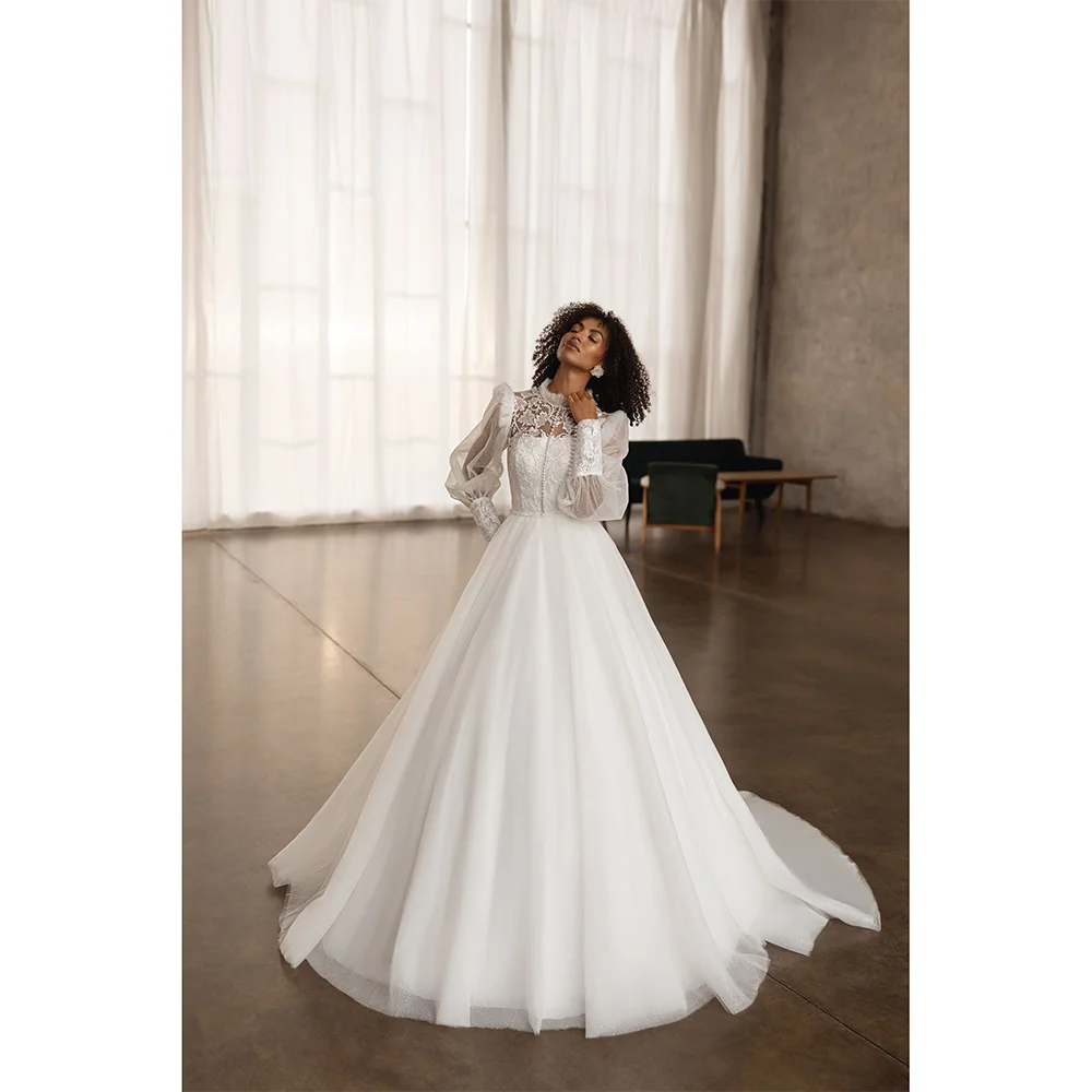 فستان زفاف عربي للمرأة العروس مخصص ذوي الياقات العالية وأكمام طويلة سويب تراين على شكل حرف a فستان زفاف فيستدو دي نويفا