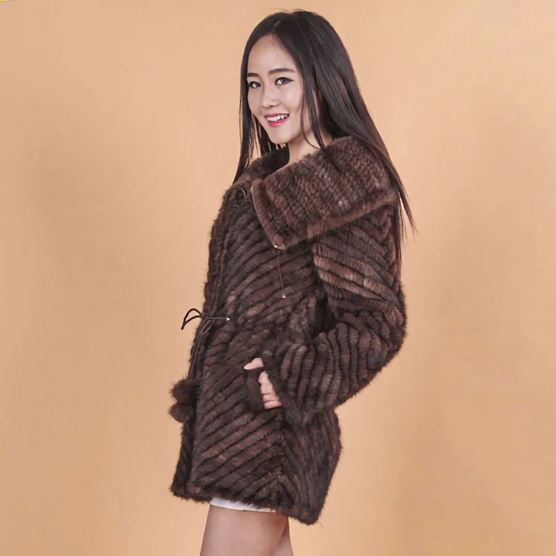 2023 Winter Women\'s Genuine Real Natural Knitted Mink Fur Coat Overcoat Hoody Outerwear Coats long coat