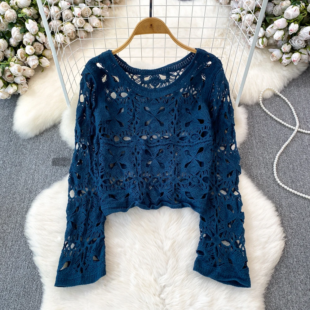 2024 Spring Summer Pullovers Tops Korean Fashion Long Sleeve Women Hollow out Knitted Shirt Round Neck Hook Flower Knitwear