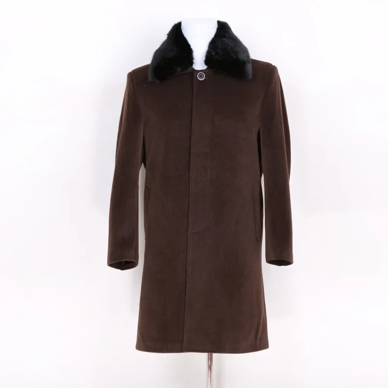 

Men Thick Winter Cashmere Coat Casual Vintage Long Brown Faux Fur Wool Blend Coat Male Detachable Collar Woolen Warm Windreaker