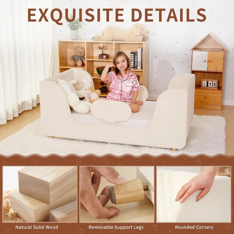 Toddler Bed - Floor Bed Frame with Removable Guard Rails for Ages 2-7 Standard Crib Size Wooden Design Natural Finish Sa