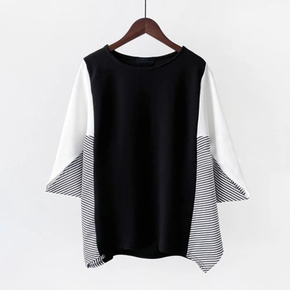

Women T Shirts Tops Spliced Tees Oversize Batwing Sleeve Round Neck Slight Strech Loose Fit Casual Streetwear 2026 Spring Summer
