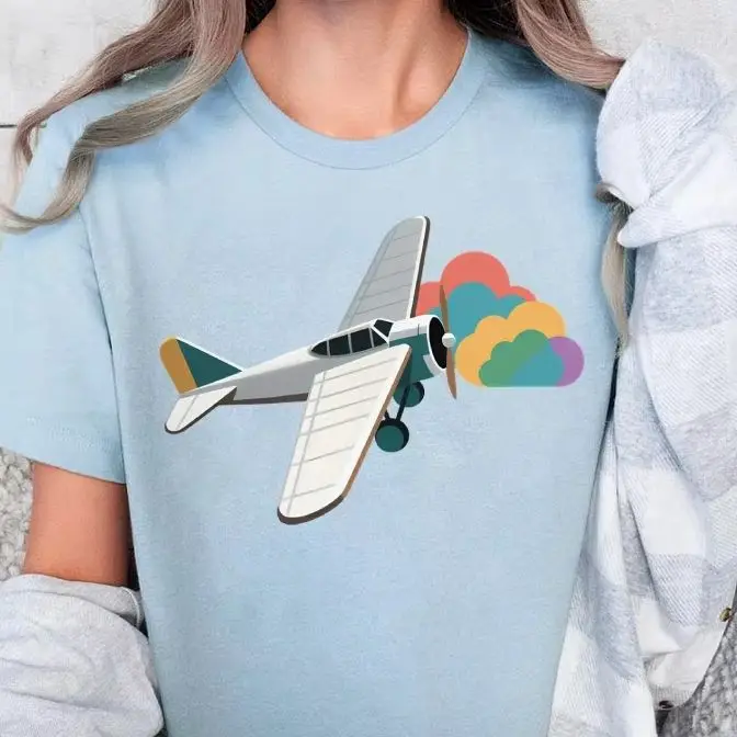 

Graphic Tees Street Wear Colorful Cute Cartoon Airplane Colorful Clouds Y2K Women‘s Clothes Cotton Casual T-Shirt Crew Neck