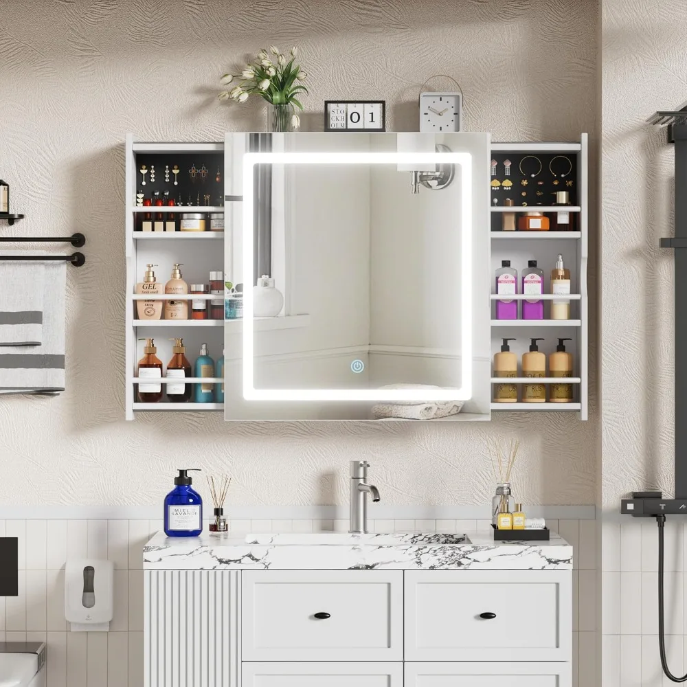 

Bathroom Medicine Cabinet Mirror with LED Lights,Sliding Wall Mounted Bathroom Storage Cabinet,Medicine Cabinet with 3 Lighting