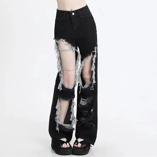 Gescheurde jeans Koreaanse kleding Vrouw Trekkoord Elastische taille Ontspannen losse pasvorm Dames Vrouwelijke broek Denim Mode Comfortabel