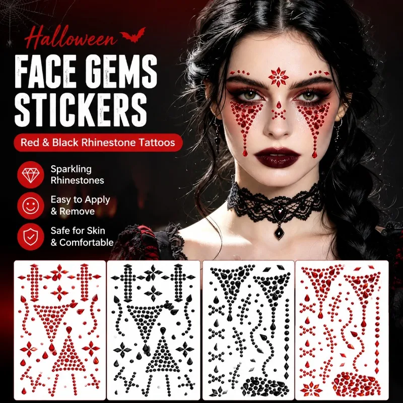Halloween Face Rhinestone Stickers Red Black Spider Web Cross Scar Self-adhesive Gem Decals Horror Cosplay Makeup Ornament