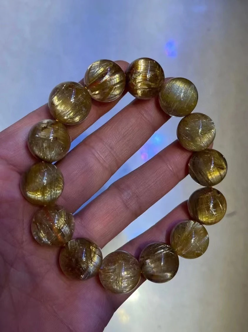 Natural Gold Rutilated Quartz Clear Round Beads Bracelet Women Men 15mm Big Brazil Gold Rutilated Cat Eye Wealthy Stone AAAAAA