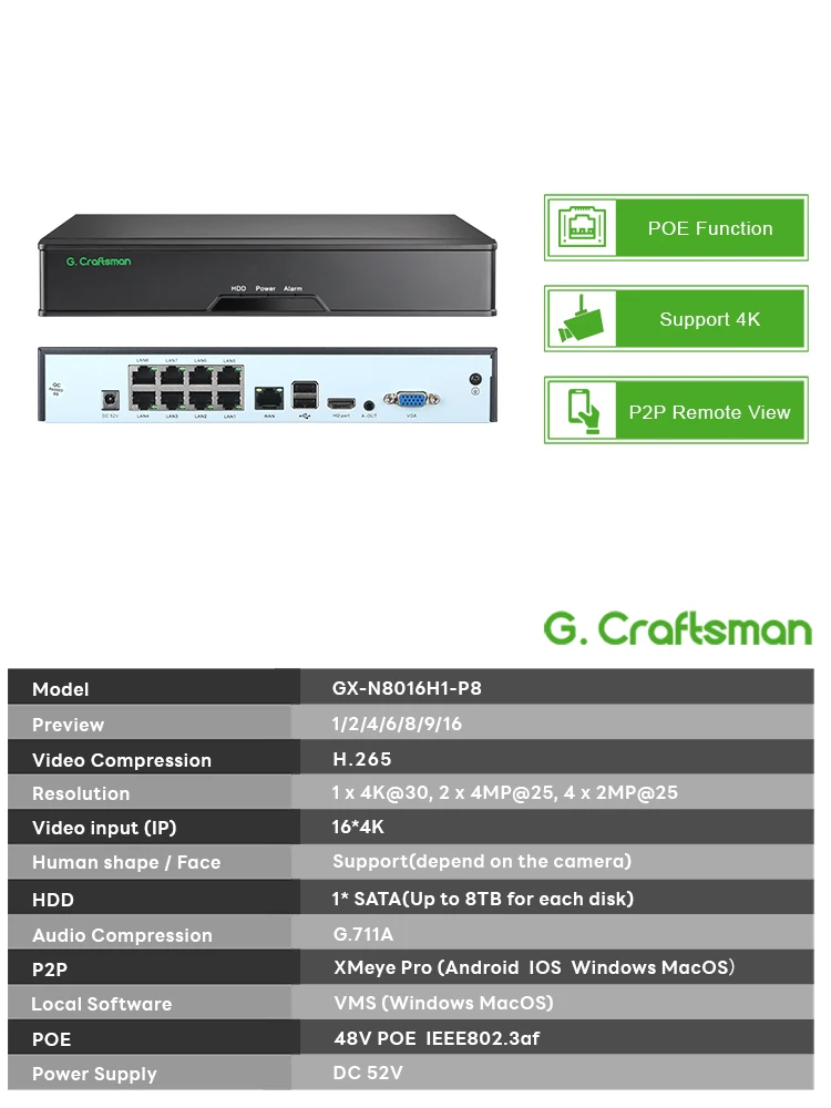 C-X,CCTV 8CH POE NVR Recorder,Supports 4K Security System,H.265X/24/7 Recording,Playback,Plug&Play,GX-N8016H1-P8