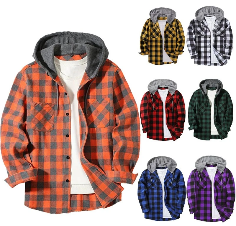 

Мужская свободная клетчатая рубашка-рубашка с капюшоном и длинным рукавом, весенне-осенняя повседневная уличная одежда, пальто, модный топ, большой размер S-3XL